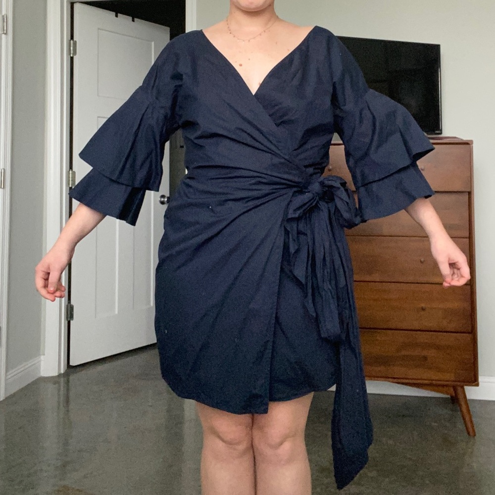 WAYF Navy Wrap Dress with Ruffle Sleeves - M
